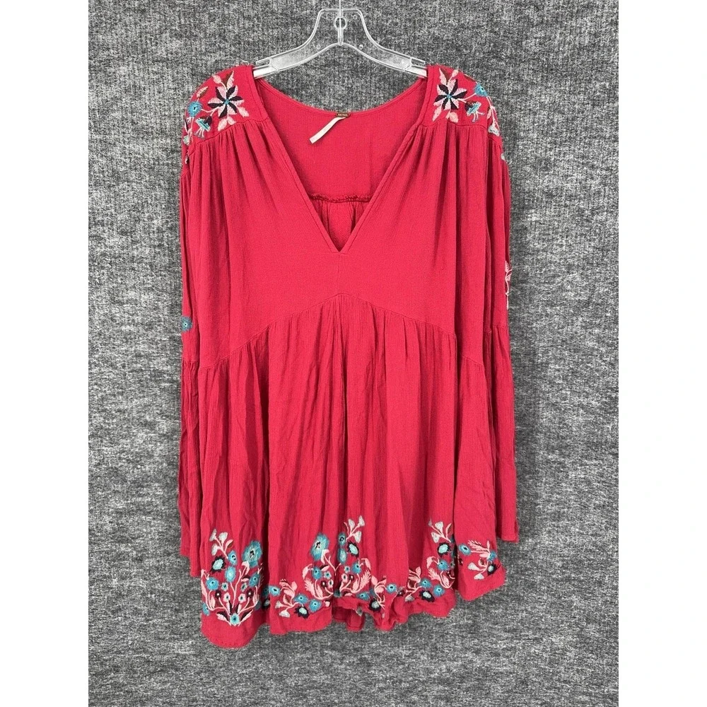 Free People Dress Womens L Red Floral Embroidered V Neck Bell Sleeve Swing Boho